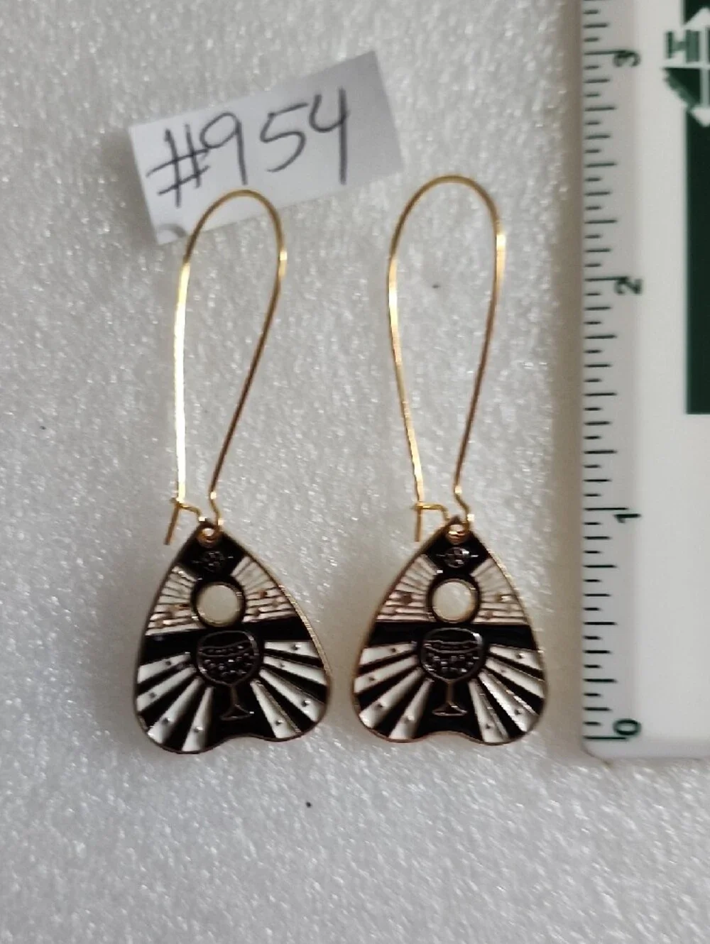 Hand Crafted Gold Black & White Sunburst Chalice Drop Earrings Ouija Planchette